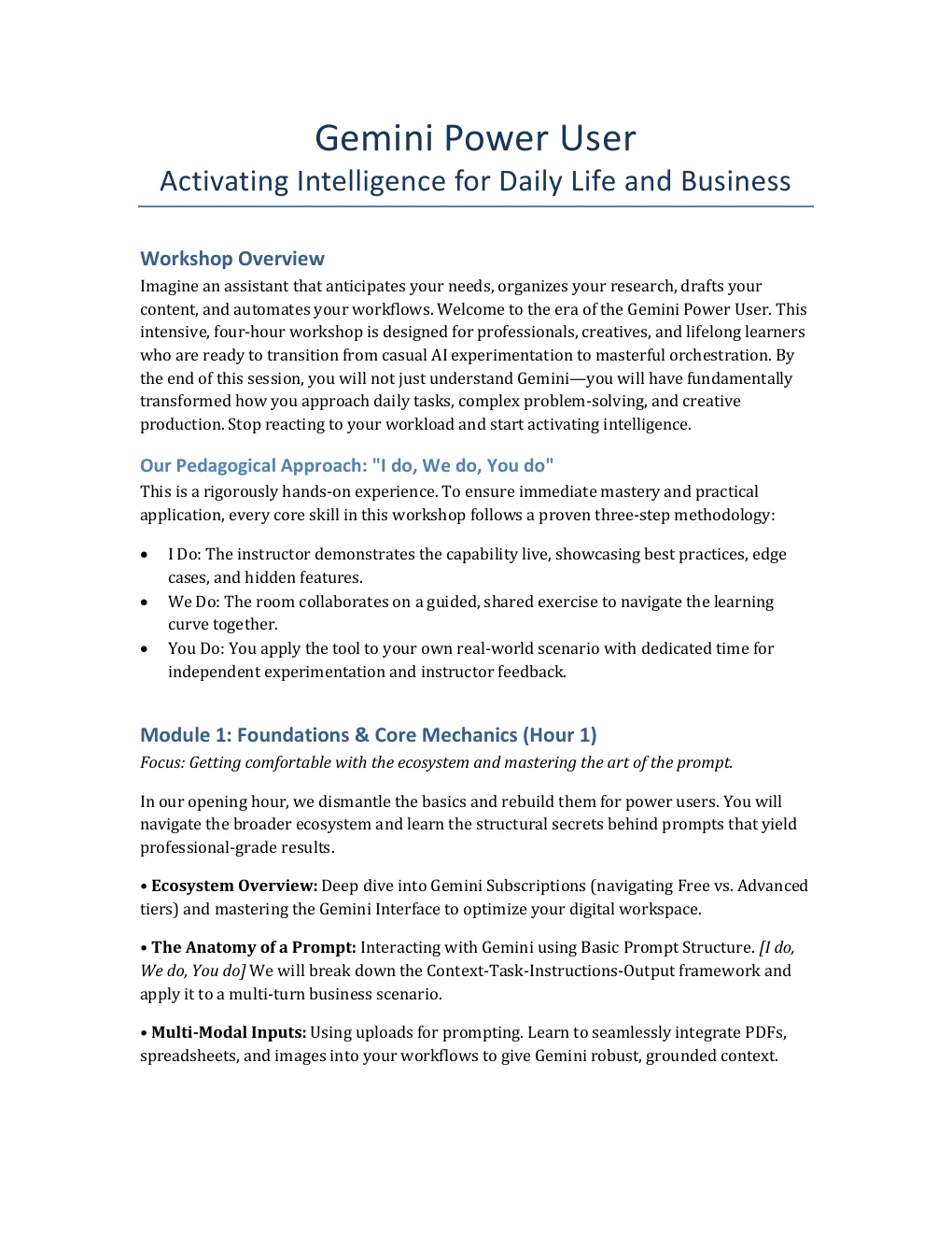 First page of the Gemini Power User Workshop Description